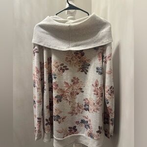 Cupio Floral Cowl Neck Sweater Beige Pink Blue Cozy Knit | Women’s Size XL